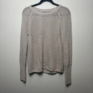 360 Sweater Taupe Beige Open Knit Linen Blend Raglan Crewneck Pullover Womens M